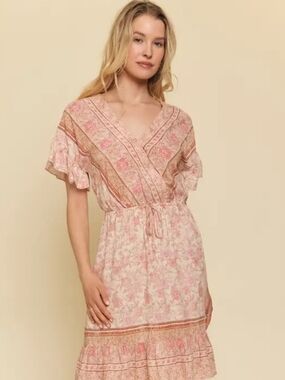 NWT Mystree Pink Floral V-Neck Drawstring Midi Dress - Size S
